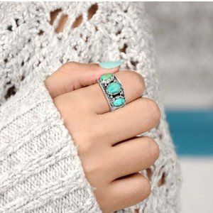 New! Silver Vintage Ring Moonstones Turquoise Ring